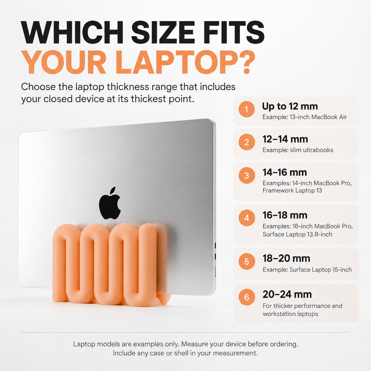 Contour Laptop Stand size guide showing laptop thickness ranges and example laptop fits.