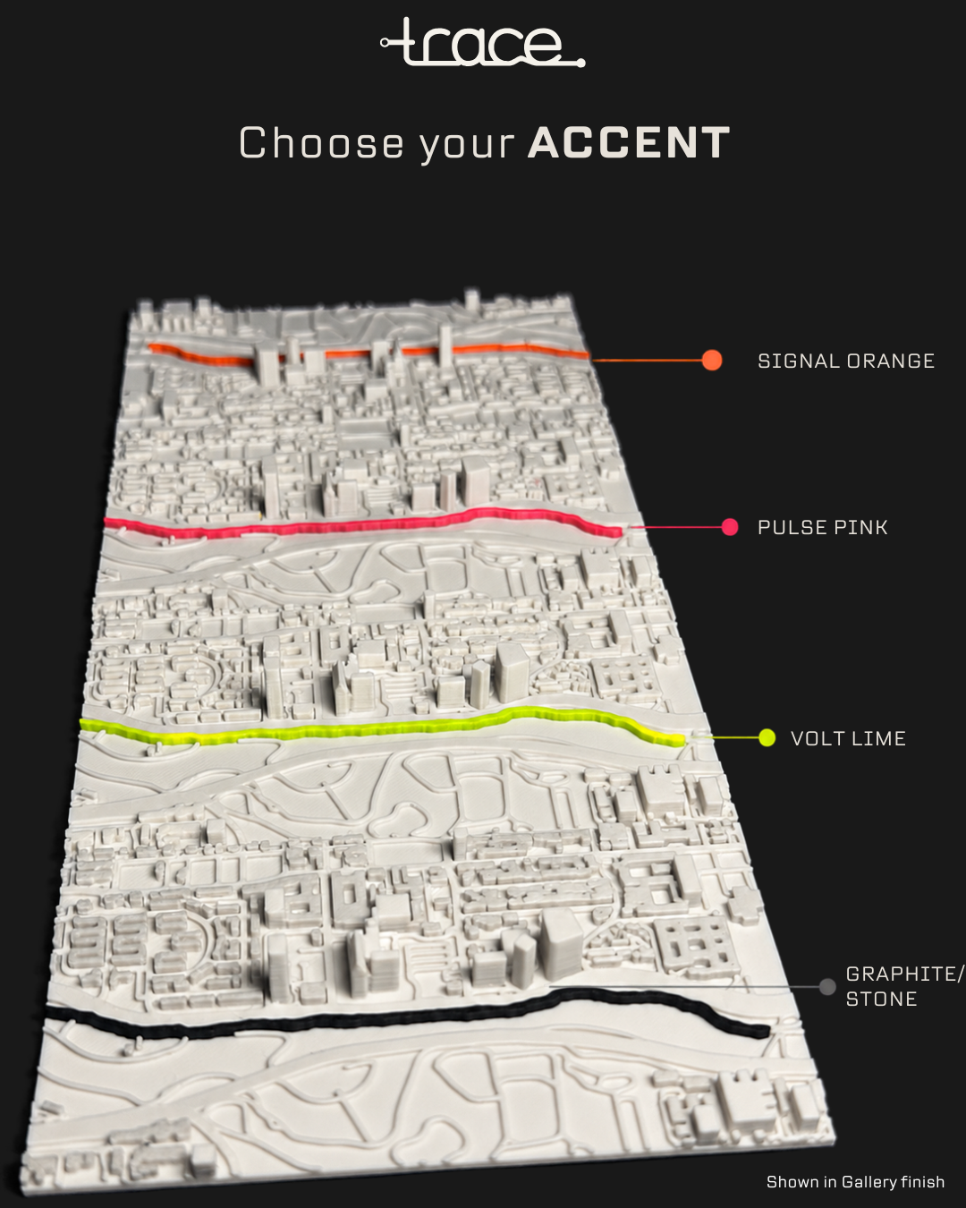 Route accent samples labeled Signal Orange, Pulse Pink, Volt Lime and Graphite/Stone on a Gallery map.