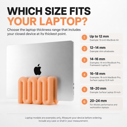 Contour Laptop Stand size guide showing laptop thickness ranges and example laptop fits.