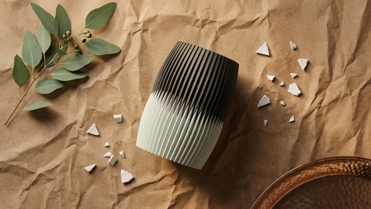 Overhead view of a charcoal and off-white Interlock Vase showing the ribbed texture and interlocking seam.