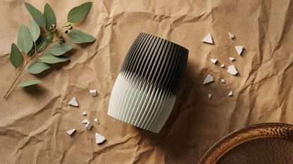 Overhead view of a charcoal and off-white Interlock Vase showing the ribbed texture and interlocking seam.