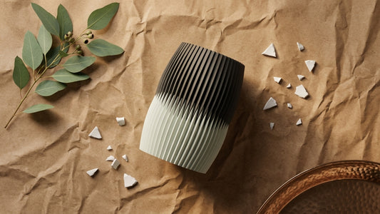 Overhead view of a charcoal and off-white Interlock Vase showing the ribbed texture and interlocking seam.